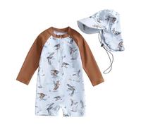 HKYFNNBW-Toddler Baby Boys Swimsuit Kids Rash Guard One Piece Newborn Zipper Bathing Suit Rompers Swimwear with Sun Hat (Khaki 7, 12-18 Months)