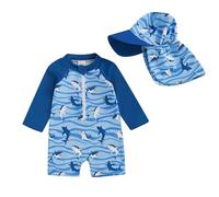 HKYFNNBW-Toddler Baby Boys Swimsuit Kids Rash Guard One Piece Newborn Zipper Bathing Suit Rompers Swimwear with Sun Hat (Blue 7, 6-12 Months)