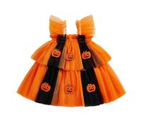 HKYFNNBW Toddler Baby Girl Halloween Outfit Fly Sleeve Pumpkin Spider Bat Romper Princess Party Tulle Dress With Hairband (Orange 1, 6-12 Months)