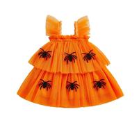 HKYFNNBW Toddler Baby Girl Halloween Outfit Fly Sleeve Pumpkin Spider Bat Romper Princess Party Tulle Dress With Hairband (Orange 2, 12-18 Months)