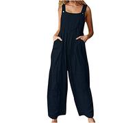 HKYFNNBW-Women's Casual Loose Overalls Jumpsuits Solid Color U-shaped Collar Sleeveless Wide Leg Long Pant Rompers with Pocket (Navy 5, L)