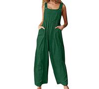 HKYFNNBW-Women's Casual Loose Overalls Jumpsuits Solid Color U-shaped Collar Sleeveless Wide Leg Long Pant Rompers with Pocket (Dark green 5, XL)
