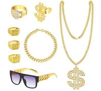 Hlayshing 8 Pcs Hip Hop Costume Accessories,80s 90s Hip Hop Costume Kit for Men Women,Fake Gold Chain Bracelet, Fake Dollar Sign Necklace, Hip Hop Ring, Hippie Glasses for Hippie Rapper Disco Outfit