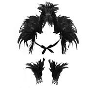 Hlayshing Women Natural Feather Cape with Wrist Cuffs Wristband,Maleficent Costume Gothic Lacing Shawl Shrug Collar Feather Cape,Raven Costume for Halloween Cosplay Christmas Party