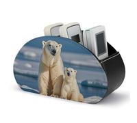 HLBSDM 2 Polar Bears Remote Control Holder, TV Remote Caddy Storage Box, Leather Desktop Organizer, PU Pencil Holder, Stationary Organizer for Living Room Office (5 Compartments)