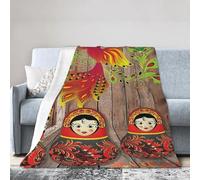 HLBSDM 80"X60" Rustic Russian Matryoshka Dolls On Wooden Planks Beautiful Peacock Bird Lover Lightweight Flannel Travel Blanket Easy to Carry Suitable for Camping and Home Use