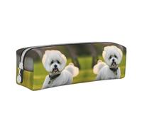 HLBSDM Bichon Frise Dog On The Grass Leather Zippered Pencil Case Pen Bag with Large Capacity,Durable Convenient Portable