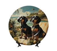 HLBSDM Bone China Decorative Plate Art Crafts Ceramic Decorative Plate with Display Stand Ceramic Ornament Dachshund Dog Bento Round Dinner Plates Wall Hanging for Home Office Wall Decor 10in