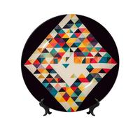 HLBSDM Bone China Decorative Plate Art Crafts Ceramic Decorative Plate with Display Stand Ceramic Ornament Triangle Geometric Round Dinner Plates Wall Hanging for Home Office Wall Decor 6in
