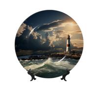 HLBSDM Bone China Decorative Plate Art Crafts Ceramic Decorative Plate with Display Stand Ceramic Ornament Old Lighthouse by The Sea Round Dinner Plates Wall Hanging for Home Office Wall Decor 6in