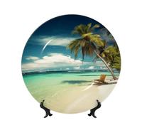 HLBSDM Bone China Decorative Plate Art Crafts Ceramic Decorative Plate with Display Stand Ceramic Ornament Tropical Holidays Round Dinner Plates Wall Hanging for Home Office Wall Decor 6in