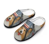 HLBSDM Charming Australian Shepherd & the United States Hat Blue White Geometric Circles Pattern Women's Winter Warm Non-Slip House Slippers Indoor Outdoor Rubber Sole