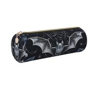 HLBSDM Leather Pencil Case Round Pencil Bag Black White Bat Rose Pen Organizer Holder Portable Zipper Pouch Cute School Supplies for Girls Boys Study Office