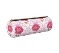 HLBSDM Leather Pencil Case Round Pencil Bag Bright Pink Flowers Pattern Pen Organizer Holder Portable Zipper Pouch Cute School Supplies for Girls Boys Study Office