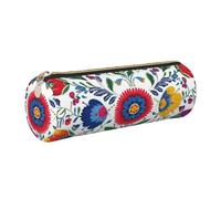HLBSDM Leather Pencil Case Round Pencil Bag Folk Art Floral Pen Organizer Holder Portable Zipper Pouch Cute School Supplies for Girls Boys Study Office