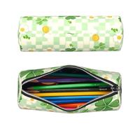 HLBSDM Leather Pencil Case Round Pencil Bag Green Checkered Clovers Daisy Pen Organizer Holder Portable Zipper Pouch Cute School Supplies for Girls Boys Study Office