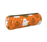 HLBSDM Leather Pencil Case Round Pencil Bag Halloween Ghosts Pumpkins Pen Organizer Holder Portable Zipper Pouch Cute School Supplies for Girls Boys Study Office