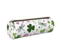 HLBSDM Leather Pencil Case Round Pencil Bag St. Patricks Day Floral Clovers Pen Organizer Holder Portable Zipper Pouch Cute School Supplies for Girls Boys Study Office