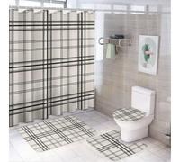 HLBSDM Monochrome Crossing Lines Tartan 4 PCS Shower Curtain Sets Shower Curtain with 12 Hooks with Non-Slip Rugs and Toilet Lid Bathroom Set for Bathroom Decor Accessories