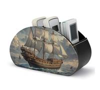 HLBSDM Nautical Sailing Pirate Ship Remote Control Holder, TV Remote Caddy Storage Box, Leather Desktop Organizer, PU Pencil Holder, Stationary Organizer for Living Room Office (5 Compartments)