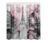HLBSDM Paris City Shower Curtain France Eiffel Tower Couple Under an Umbrella Bathroom Curtains, Machine Washable, Water-Repellent, 72 by 72 Inches Black White Pink