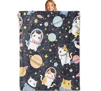 HLBSDM Space Cat Throw Blanket 50x60in Soft Lightweight Flannel Cute Astronaut Kitten with Planet and Star on Dark Sky Blankets Gifts for Kids for Home Living Room Decor
