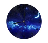 HLBSDM Starry Sky Wall Clock Half Moon Scenic Cloudscape Silent Non-Ticking Round Clock Decorative Battery Operated Wall Clock 10 Inch Blue Black Light White