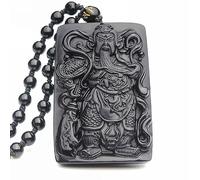 HLbshi Natural Crystal Black ice Gold Obsidian Guan Gong Guan Yu Necklace Hold Broadsword Pendant Bead with Adjustable Chain for Men Women, Stone, Obsidian