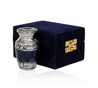 HLC Blue Hand Engraved Small Keepsake urn - Cremation Urn with 1 Velvet Box Bag, 3 cu.in Aluminium, Lovely Blue Pattern, Polished Finish, Decorative Urn