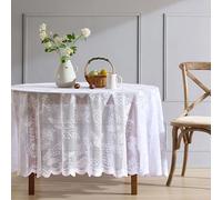 HLC.ME Butterfly Floral Lace Fabric Tablecloth, Lace Fabric Table Cloth for Round Tables, Wrinkle Resistant Tablecloth, Patterned Scalloped Tablecloth (70 Round, White)