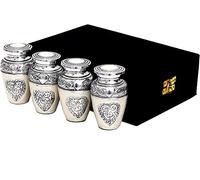 HLC URNS Lovely Silver Heart Cremation Urn Set of 4 - Keepsake for Human Ashes With Velvet Box & 4 Bags - Mini Affordable Urn (3.5 cu.in)
