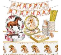 HLEIUKT Horses Birthday Decoration, 16 Guests Horses Party Tableware, Paper Plates Children's Birthday with Cups, Napkins, Straws, Tablecloths for Decoration Children's Birthday Party