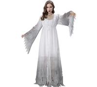 HLENOK Adult Women Gossamer Ghost Bride Costume Dress White Gothic Victorial Scary Spooky Zombie Halloween Cosplay Dress Up (Large)