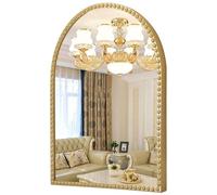 HLFMVWE Gold Arched Wall Mirror for Bathroom 40 x 50CM Metal Beaded Frame Decorative Accent Mirror, Large Modern Rustic Distressed Hanging Wall Decor for Bedroom, Living Room, Entryway
