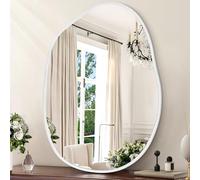 HLFMVWE Large Asymmetrical Wall Mirror Aluminum Alloy Frame Irregular Bathroom Mirrors Brushed Metal Vanity Wall Mounted Mirror for LivingRoom Bedroom Entryway Room Home Decor White 26"x37.5"