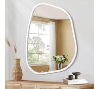 HLFMVWE White Irregular Wall Mirror Large 65 x 45 CM Asymmetrical Mirror Modern Wood Frame Unique Shape Wall Mounted Vanity Artistic Decor for Living Room Bedroom Bathroom Entryway Hallway