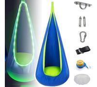 HLGKBY Light Up Kids Pod Swing Seat,160x70cm Camping Hammock Tent with Air Cushion & LED Light,Swing Chair for Indoor & Outdoor,Easy to Install Light up Pod Swing,for Indoor and Outdoor blue