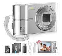 Hlieeosfcn 50MP Digital Camera, 1080P FHD Kids Camera with 32G TF Card, Auto Focus Point timed shooting feature Rechargeable Compact Digital Cam-era with 16X Digital Zoom Cam-era(Silvery)