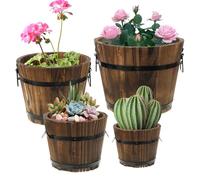 Hlimior 4 Pcs Wooden Whiskey Barrel Planters, Wooden Flower Planters Pots Boxes with Metal Handles 4 Sizes Planting Wood Buckets Christmas Tree Pot for Indoor Outdoor Garden Home Plants