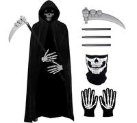 Hlisippa Grim Reaper Costume Adult, Black Cloak with Skeleton Mask Skeleton Gloves, Death Costume Men, Velvet Hooded Cape for Halloween Cosplay
