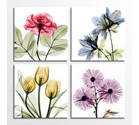 HLJ ART Tulip Rose Wall Art Painting in Golden Red Vivid Flower Home Wall Decor 4 Panels Floral Canvas Print