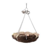HLKSOUREZ Rattan Birds Nest Toy, Hanging Swing Bird Toy with Three Chain Bells, Natural Grass Rattan Chewable Cage Accessory for Small Parrots and Pet Birds to Climb and Play