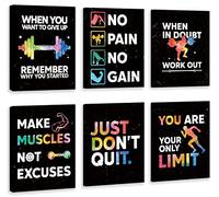 HLNIUC Motivational Wall Art, Inspirational Workout Room Decor - Set of 6 Framed Canvas Prints (8''x10''), Positive Words for Home Gym & Exercise Classroom