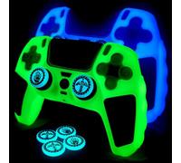 HLRAO 2 Pack Mix Glow in the Dark Controller Skin Silicone Grip Protective Case Cover and 4 Glow Thumb Grips Accessories. (2 Pack Mix Green&Blue Black)