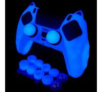 HLRAO Blue Cat Glitter Protective Silicone Cover Skin,Glow in The Dark Silicone Skins for PS5/Slim/Pro Controller,8 PCS Glitter Thumb Grips Caps and 2 Paw Grips Caps.
