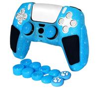 HLRAO Blue Glitter Anti Slip Soft Thicked Studded Silicone Cover Skins Compatible with PS5 Controller,Include 8 PCS Blue Glitter Thumb Grips Glow and 2 Cat Paw Grips Accessories.