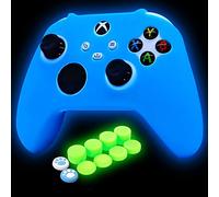 HLRAO Blue Silicone Cover Skin for Xbox Series X/S Controller Glow in The Dark Anti-Slip Soft Rubber Case Protector Accessories Set with 8 Glow in The Dark Thumb Grips Caps + 2 Cute Cat Paw Caps.