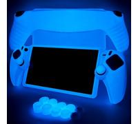 HLRAO Glow in Dark Blue Full Coverage Silicone Case for PS Portal, All-Inclusive Protective Cover with 8+2 Thumb Grip Caps (Low/Mid/High + Cat Paw), Soft Anti-Slip Shockproof Shell, Glow Blue