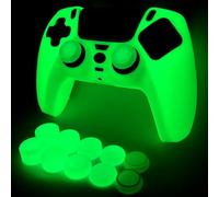 HLRAO Glow in the Dark PS5 Controller Skin,Silicone Cover Skins Compatible with PS5/Slim/pro Controller,Include 8 PCS Thumb Grips Glow and 2 Cat Paw Grips Caps Accessories. (Glow Green New)