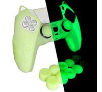 HLRAO Green Cat Glitter Protective Silicone Cover Skin,Glow in The Dark Silicone Skins for PS5/Slim/Pro Controller,8 PCS Glitter Thumb Grips Caps and 2 Paw Grips Caps.